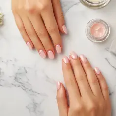 Delikatne, różowe paznokcie french na tle marmuru, obok kremów i kwiatów. Idealny manicure na wiosnę.