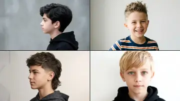 Cztery różne fryzury dla chłopców: kręcone, na jeża, mullet i proste.